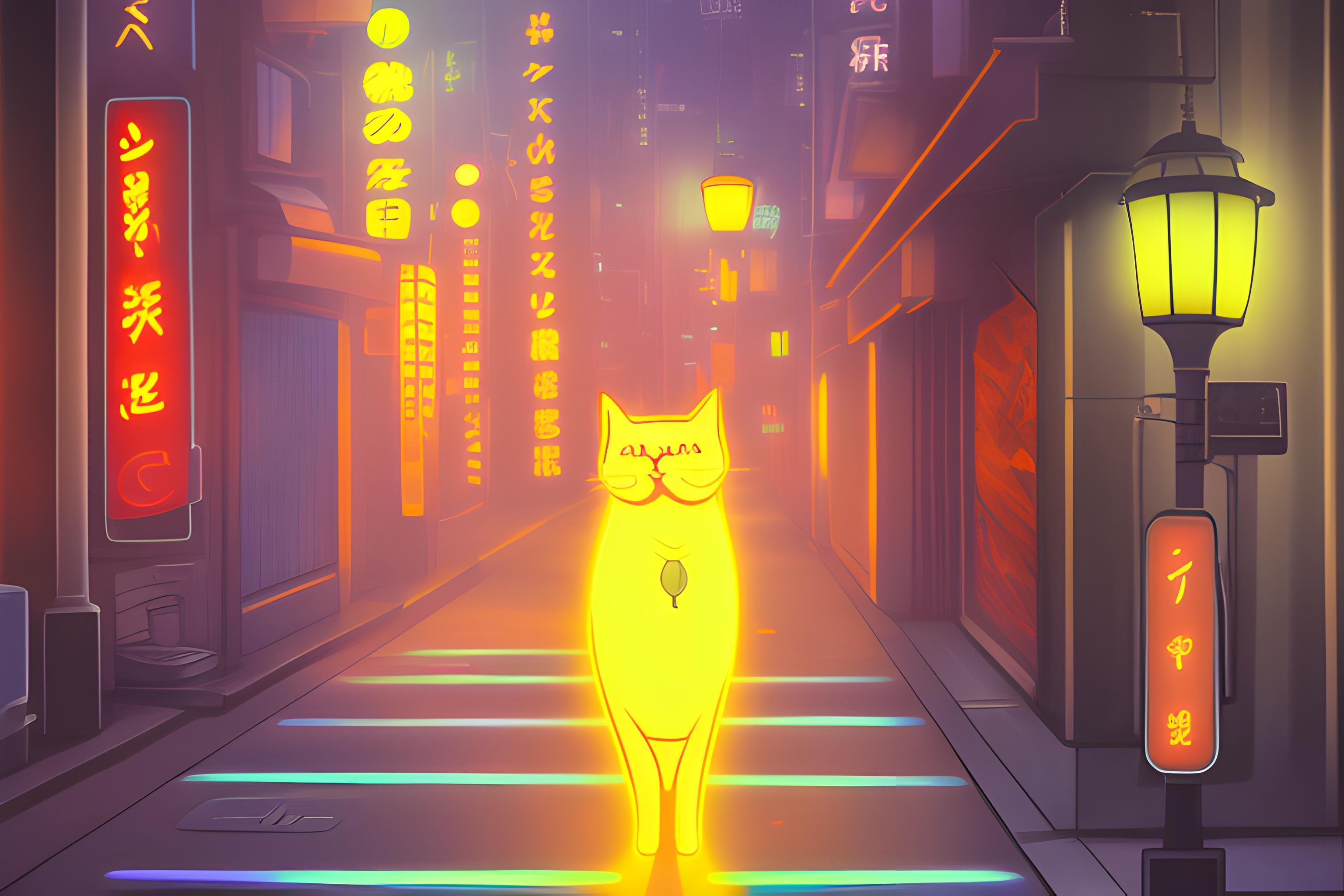 A cat in tokyo streets at night with neon light holding a samurai sword ...